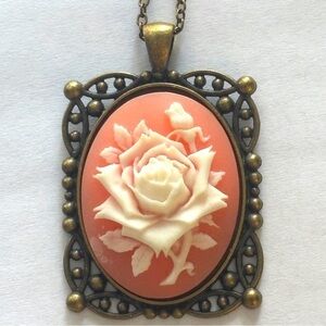 Pink and White Rose Victorian Style Cameo Necklace, Handmade, NWT